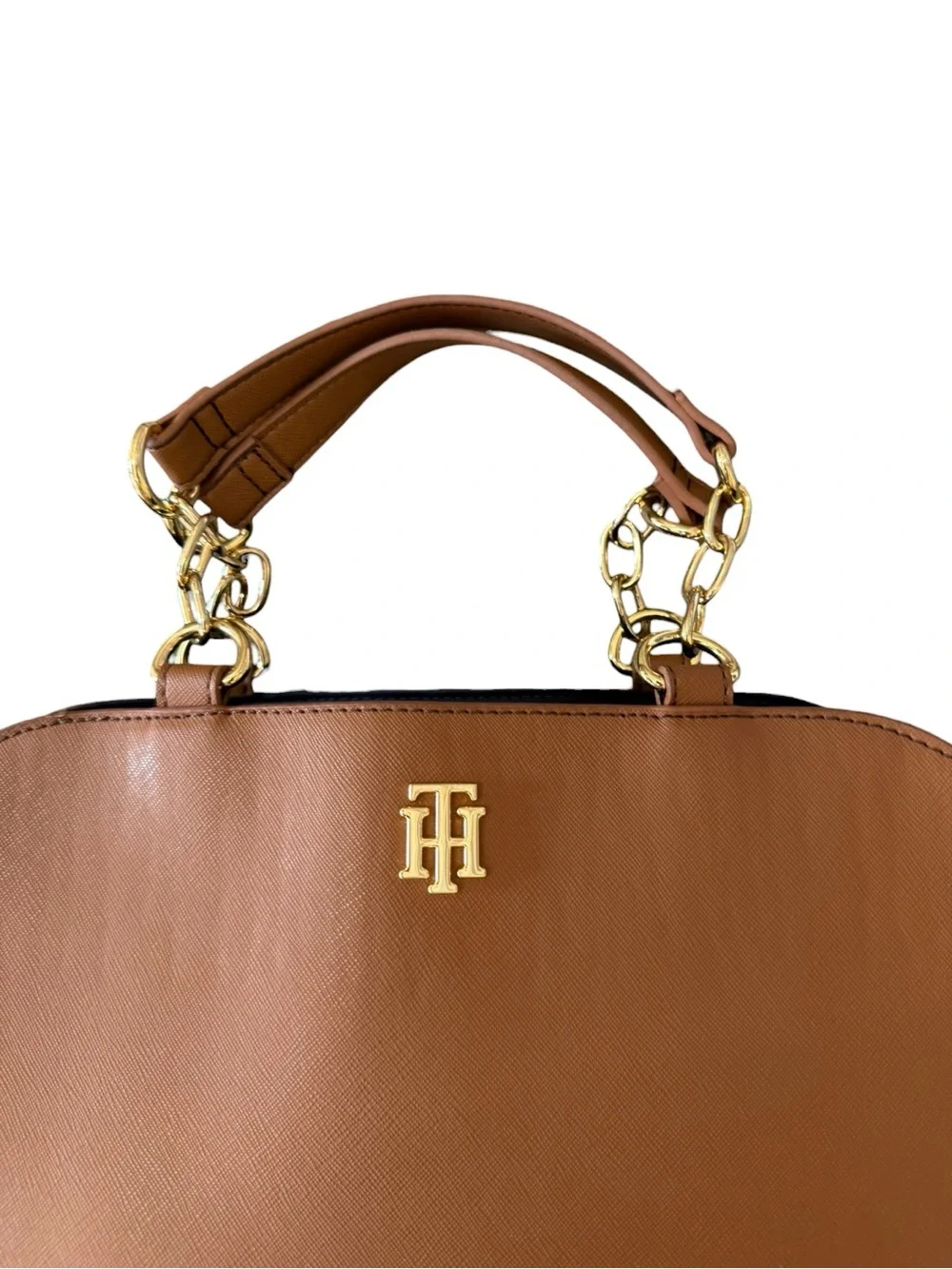 Tommy Hilfiger Cognac Faux Leather Satchel with Gold Hardware
